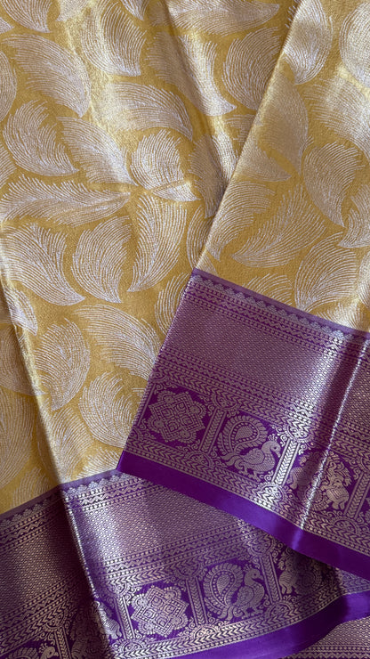 Semi Silk Mini Kanchivaram Tissue Saree – Light Golden Yellow & Magenta