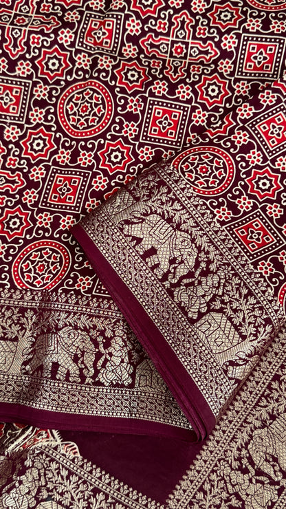 Pure Modal Based Saree with Ajrakh Prints & Banarasi Elephant Zari Border – Deep Maroon
