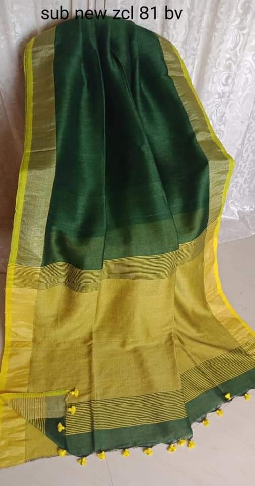 Pure Linen Saree with Tassles - Bottle Green & Rich Mustard Yellow