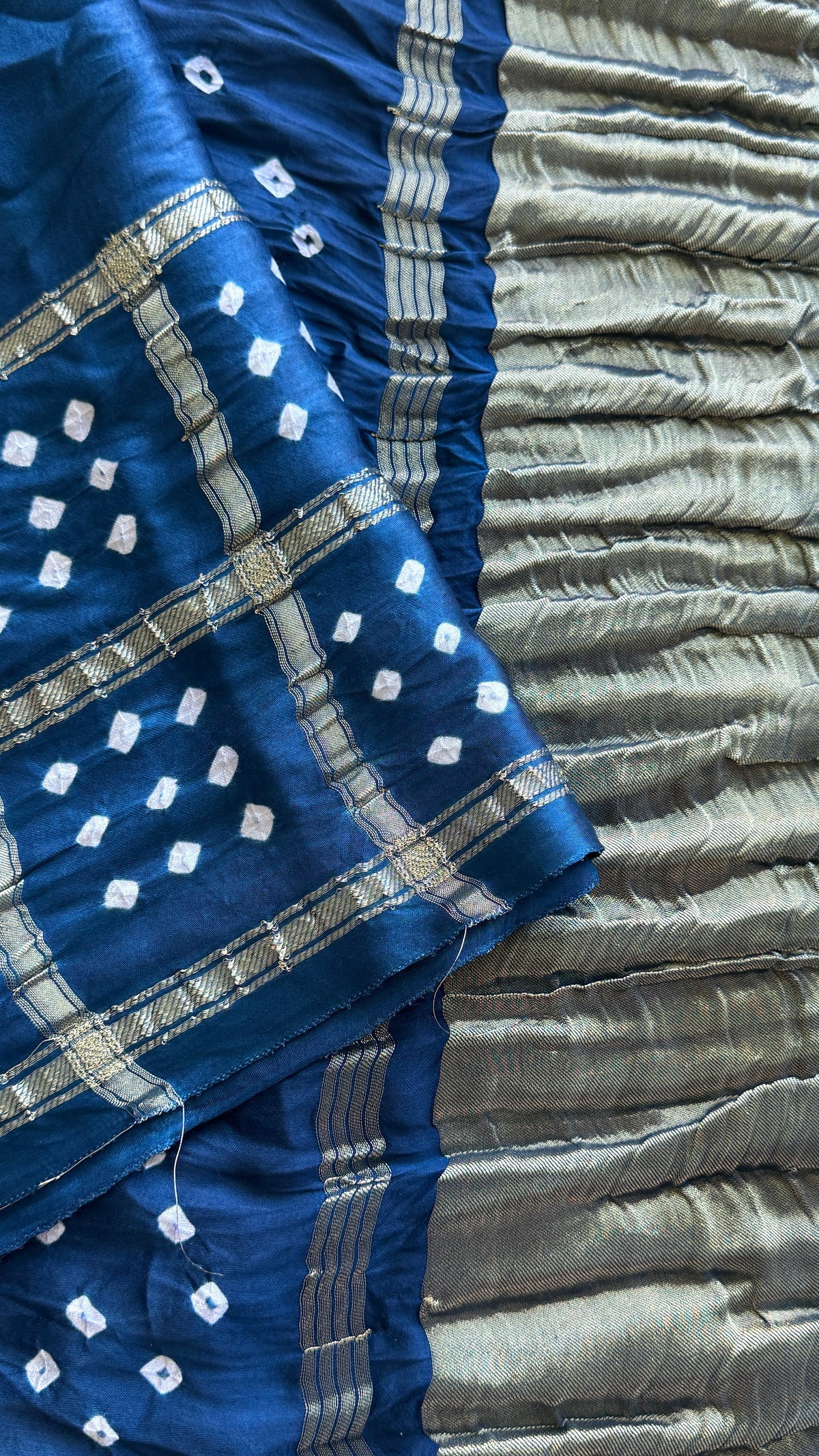 Tie & Dye Handknotted Gharchola Bandhej Pure Gajji Silk Saree - Peacock Blue