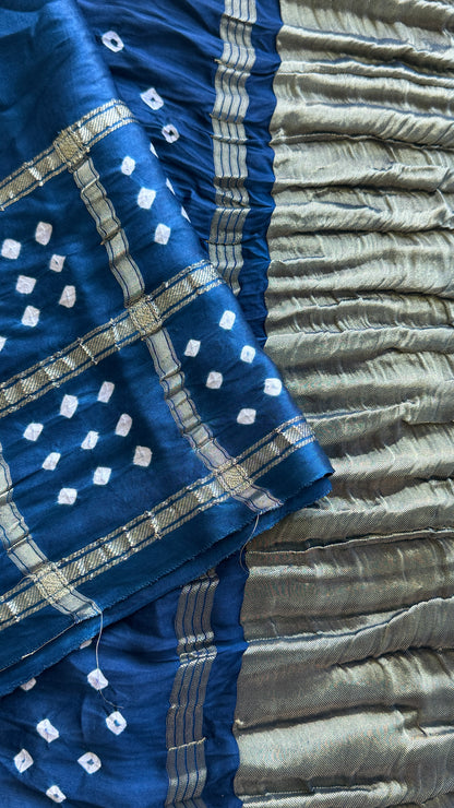 Tie & Dye Handknotted Gharchola Bandhej Pure Gajji Silk Saree - Peacock Blue