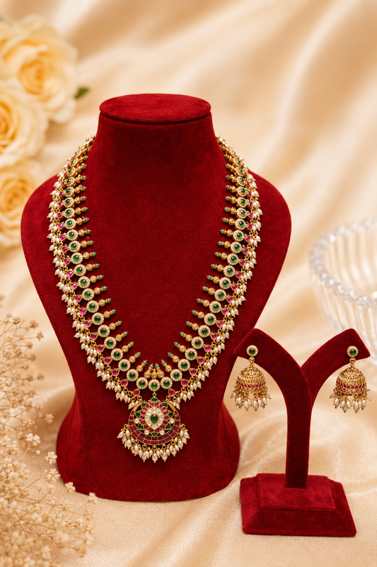 Antique Gold-Plated Jadau & Emerald Stone Haram Set with Pearl Drops