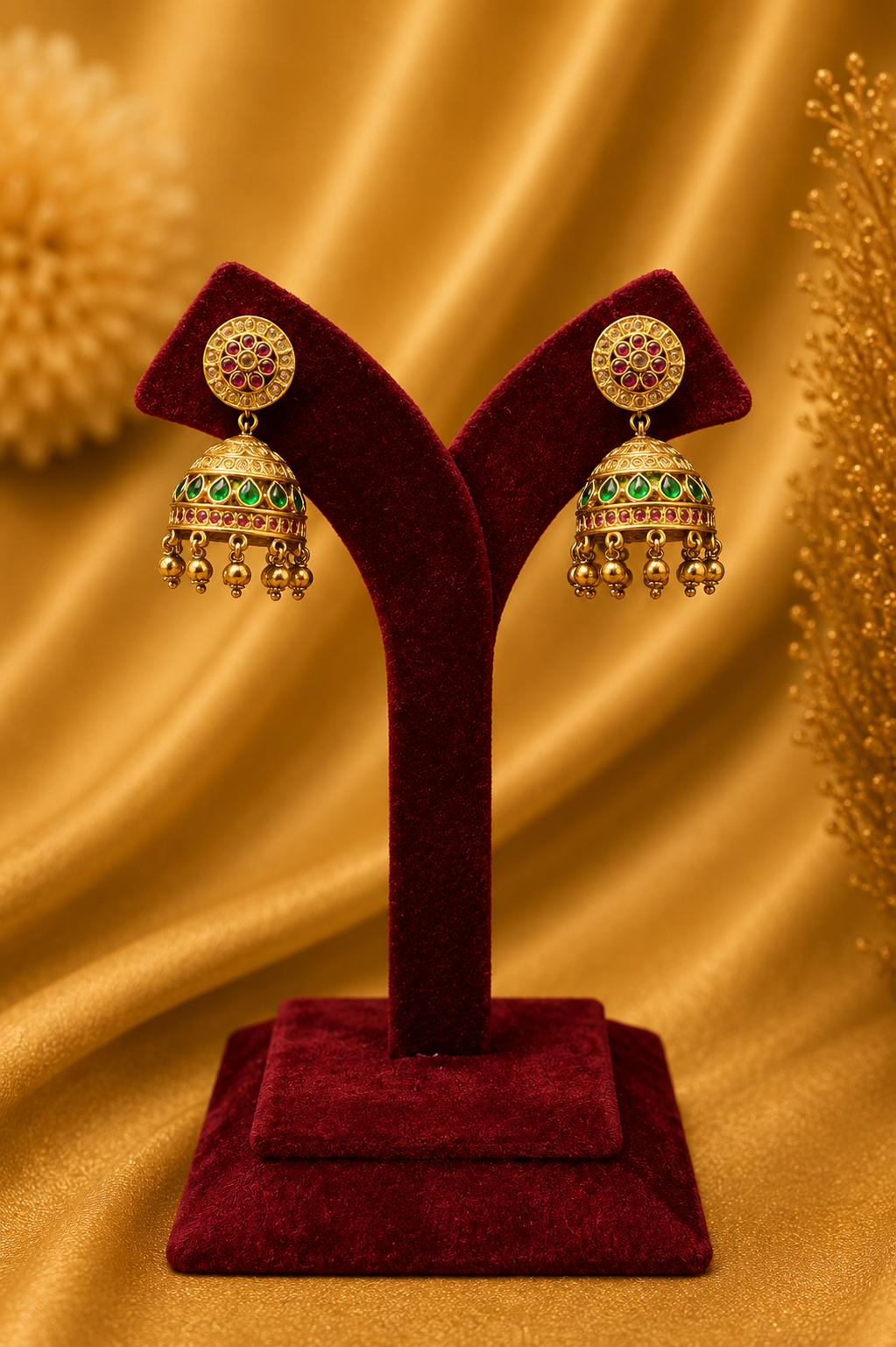 Long Antique Gold-Plated Haaram Set with Traditional Pendant & Jhumkas