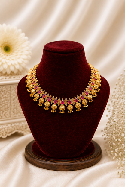 Antique Gold-Plated Choker Necklace Set with Ruby Stone Detailing & Gold Bead Hangings