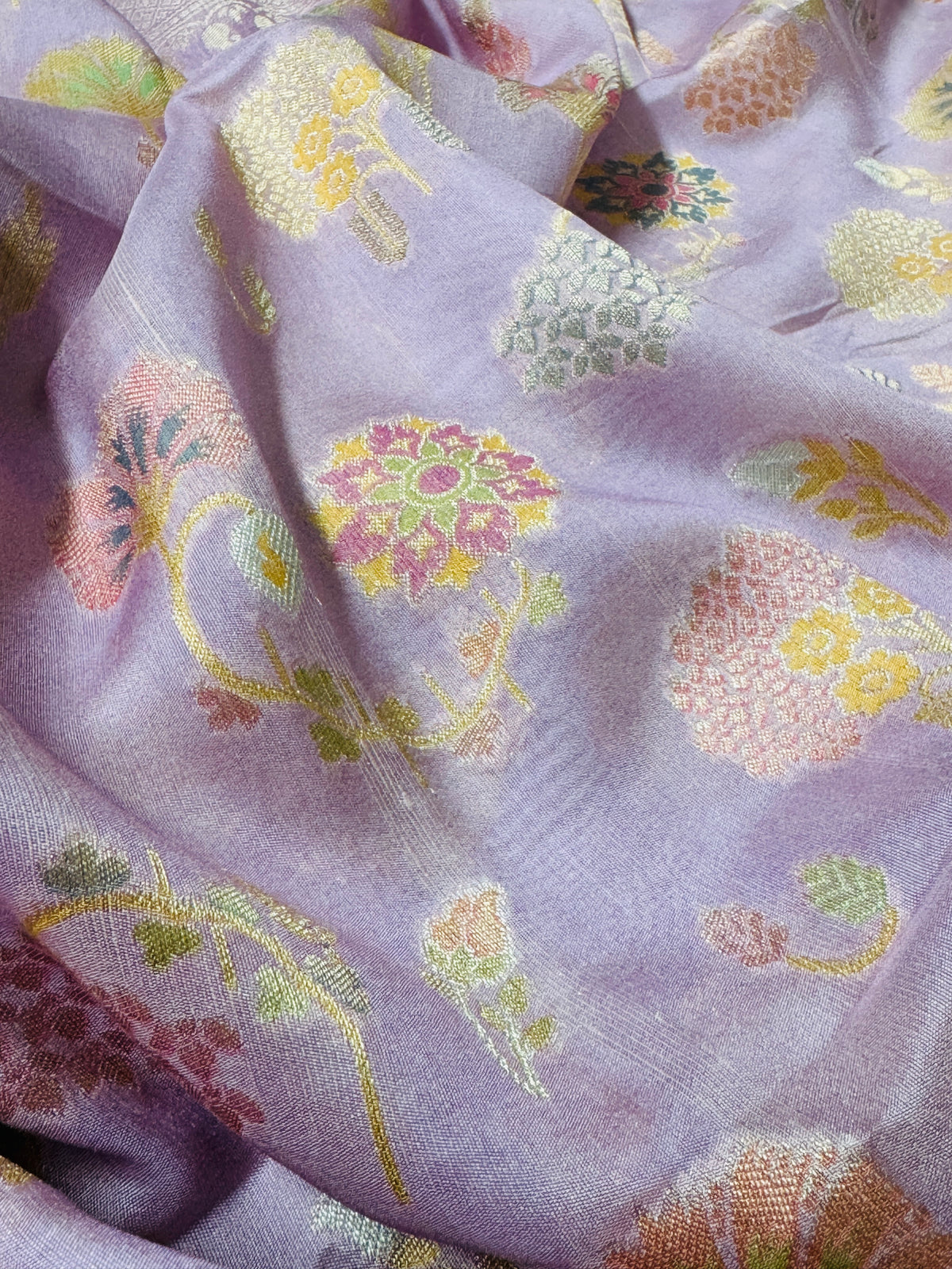 Lavender Pink Tussar Raw Silk Saree with Meenakari Woven Floral Elegance