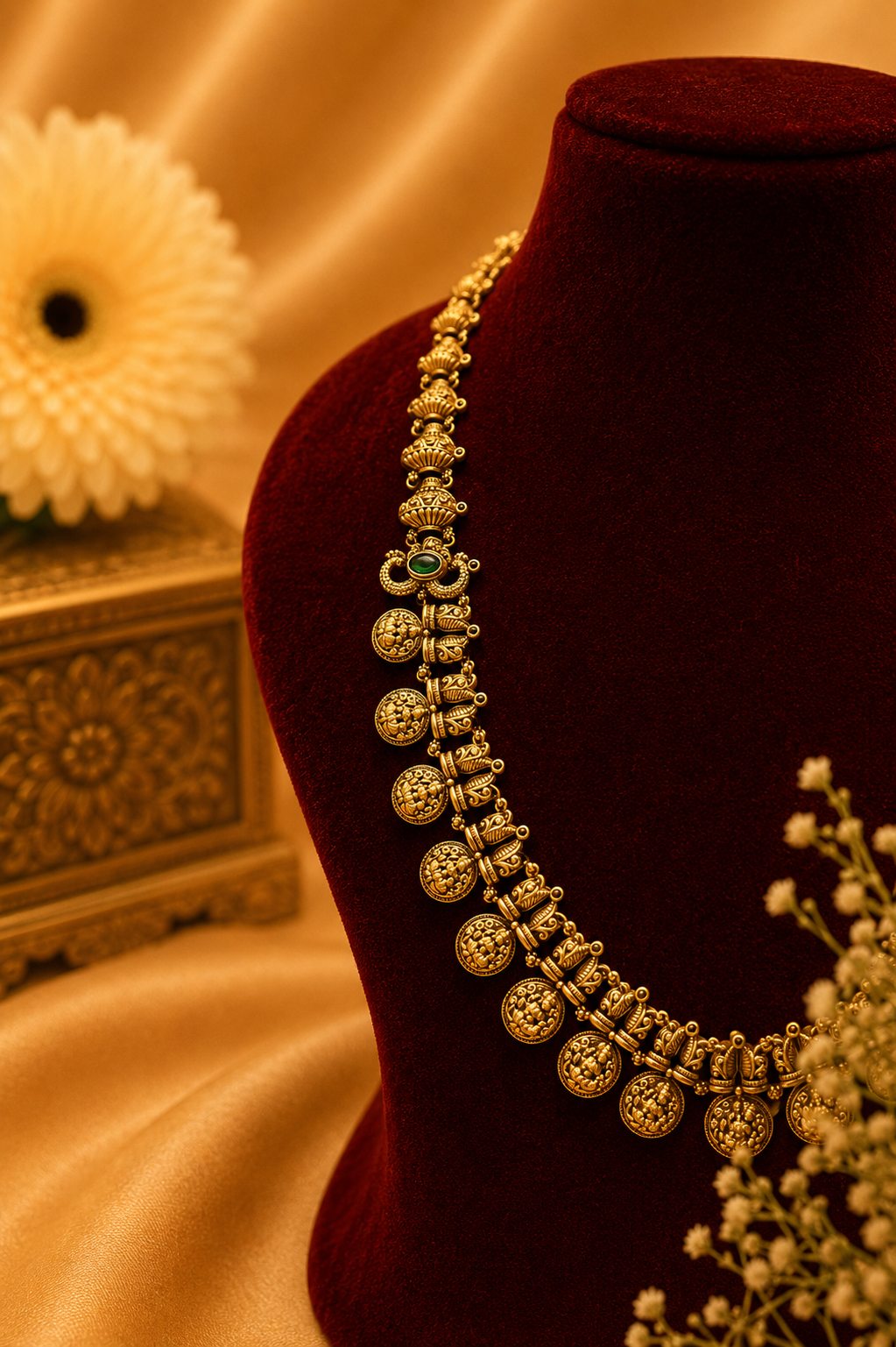 Antique Gold-Plated Coin Necklace Set with Emerald Detailing