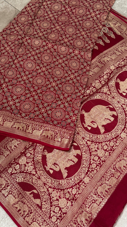 Pure Modal Based Saree with Ajrakh Prints & Banarasi Elephant Zari Border – Maroon