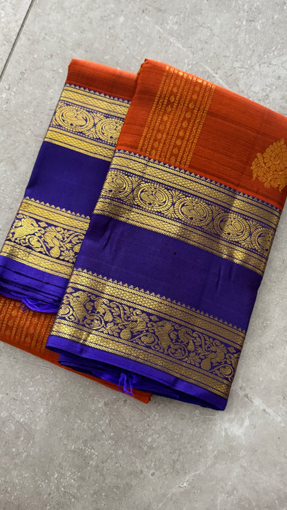 Vintage Wash Pure Kanchipuram Silk Saree – Rust with Royal Blue Contrast | Silk Mark Certified