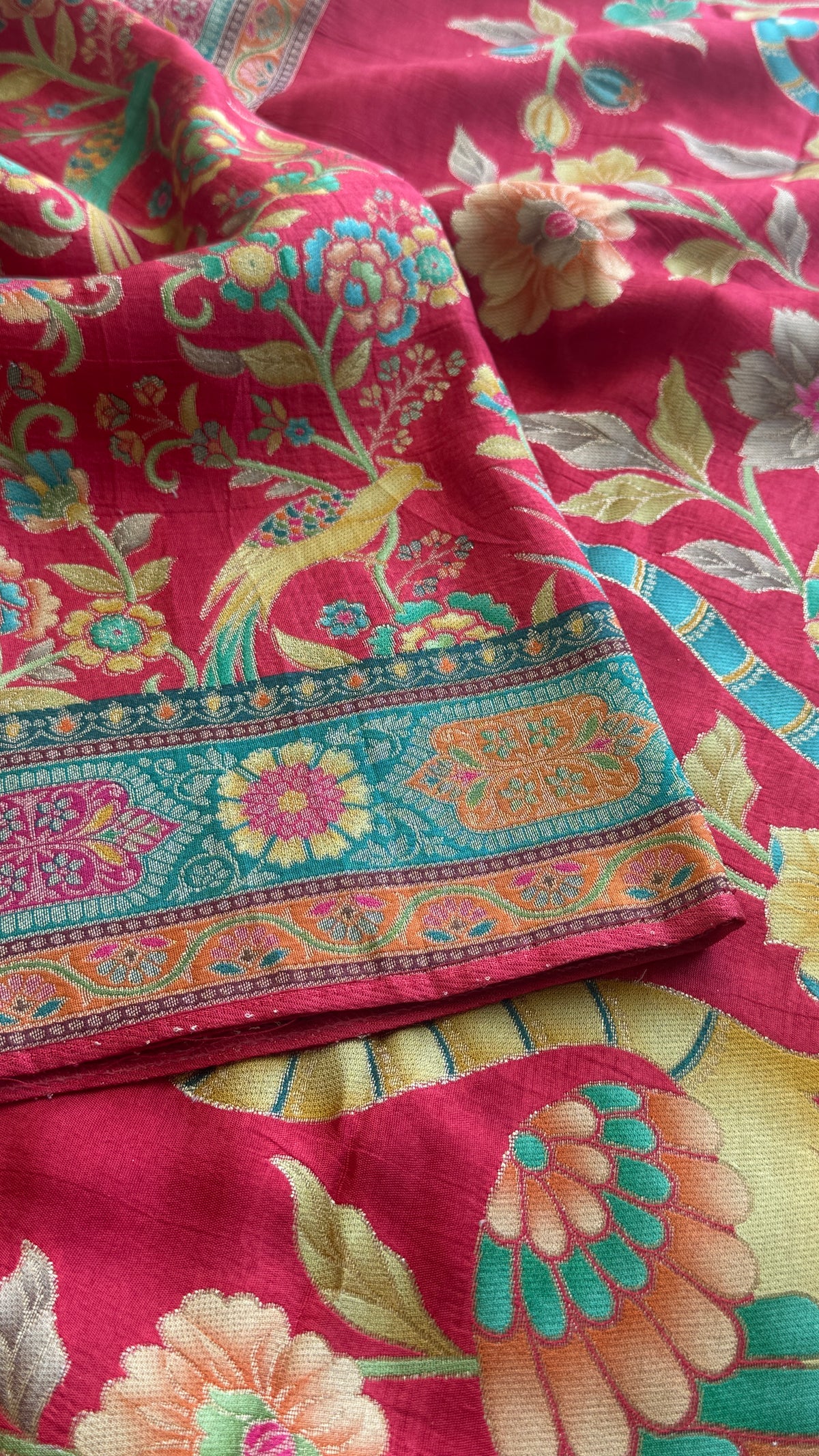 Kashmiri Pashmina Kani Silk Saree – Red with Teal Contrast Blouse