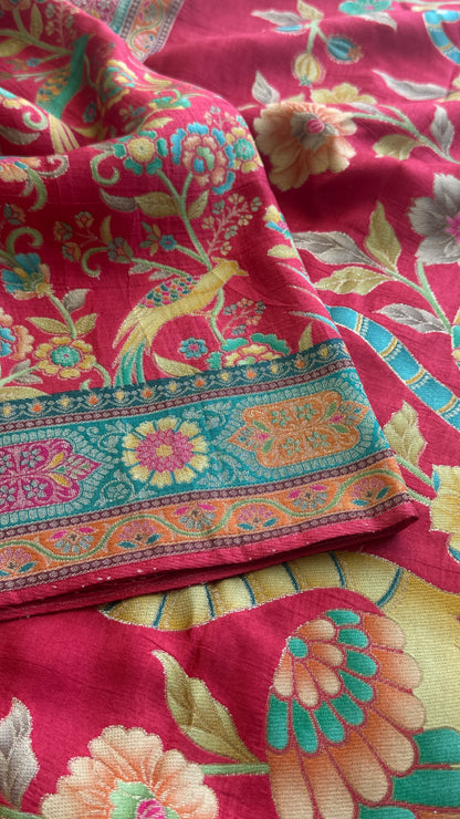 Kashmiri Pashmina Kani Silk Saree – Red with Teal Contrast Blouse