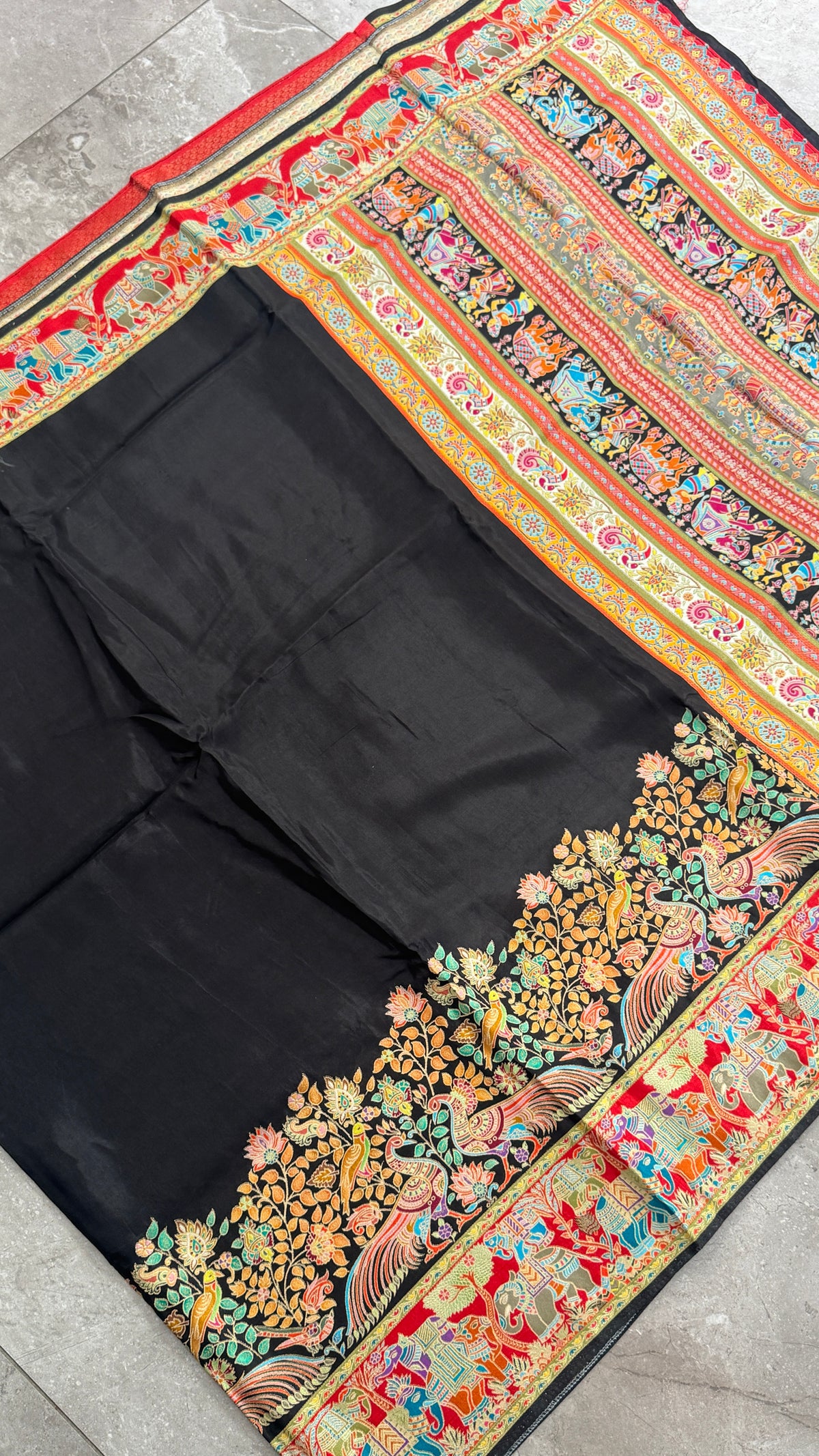 Kashmiri Pashmina Kani Silk Saree – Black with Red Brocade Blouse