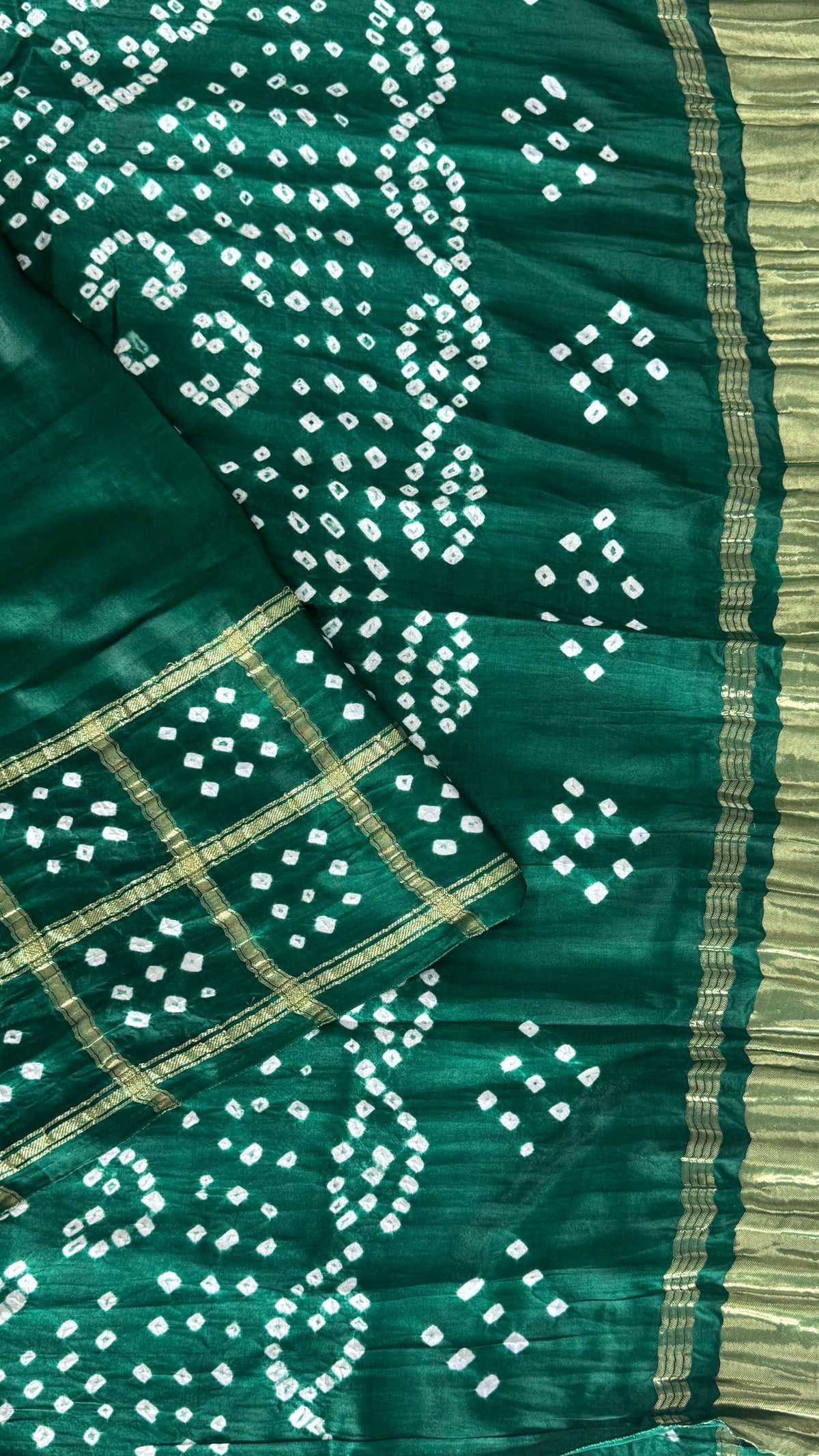 Tie & Dye Handknotted Gharchola Bandhej Pure Gajji Silk Saree - Bottle Green