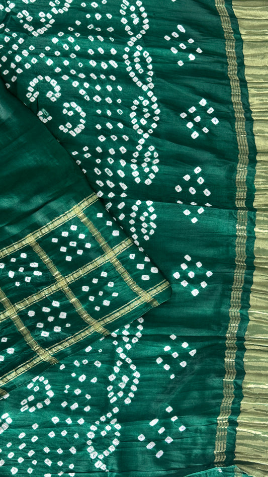 Tie & Dye Handknotted Gharchola Bandhej Pure Gajji Silk Saree - Bottle Green