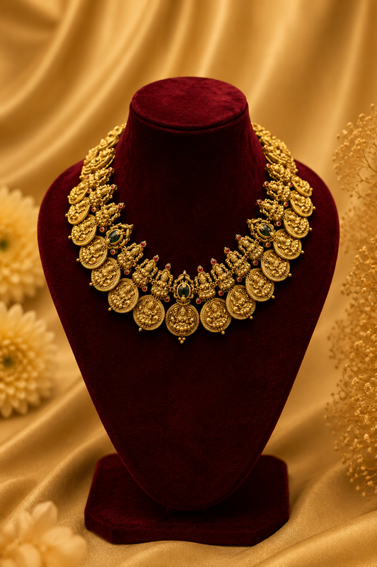 Antique Gold-Plated Lakshmi Coin Mala Choker Necklace Set with Emerald Accents