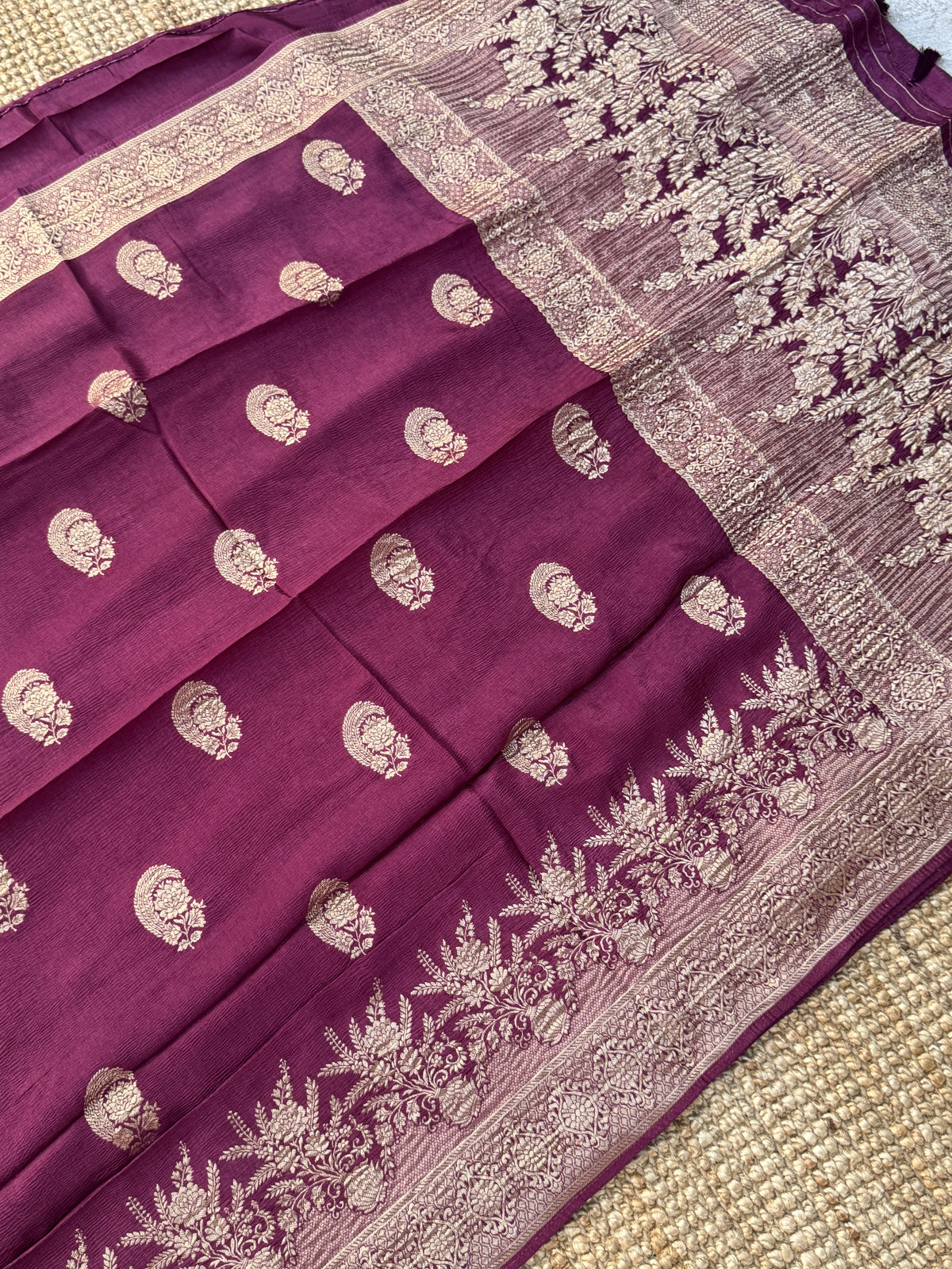 Crushed Munga Silk Banarasi Saree – Wine with Self-Turning Border