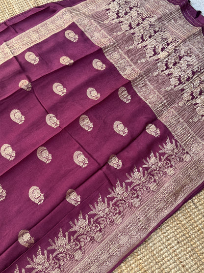 Crushed Munga Silk Banarasi Saree – Wine with Self-Turning Border