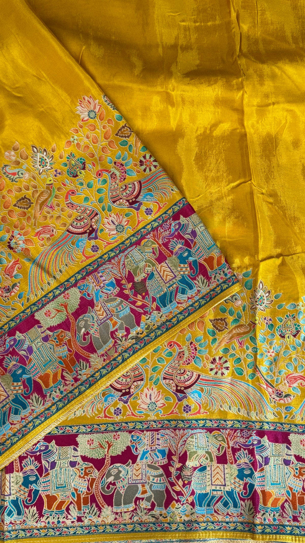 Kashmiri Pashmina Kani Silk Saree – Yellow with Pink Brocade Contrast Blouse