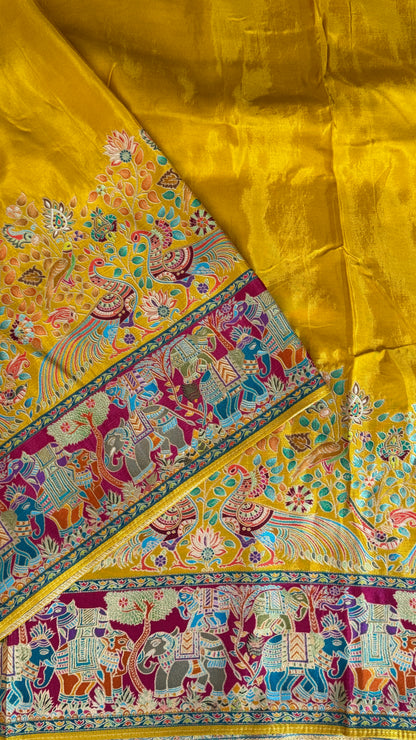 Kashmiri Pashmina Kani Silk Saree – Yellow with Pink Brocade Contrast Blouse