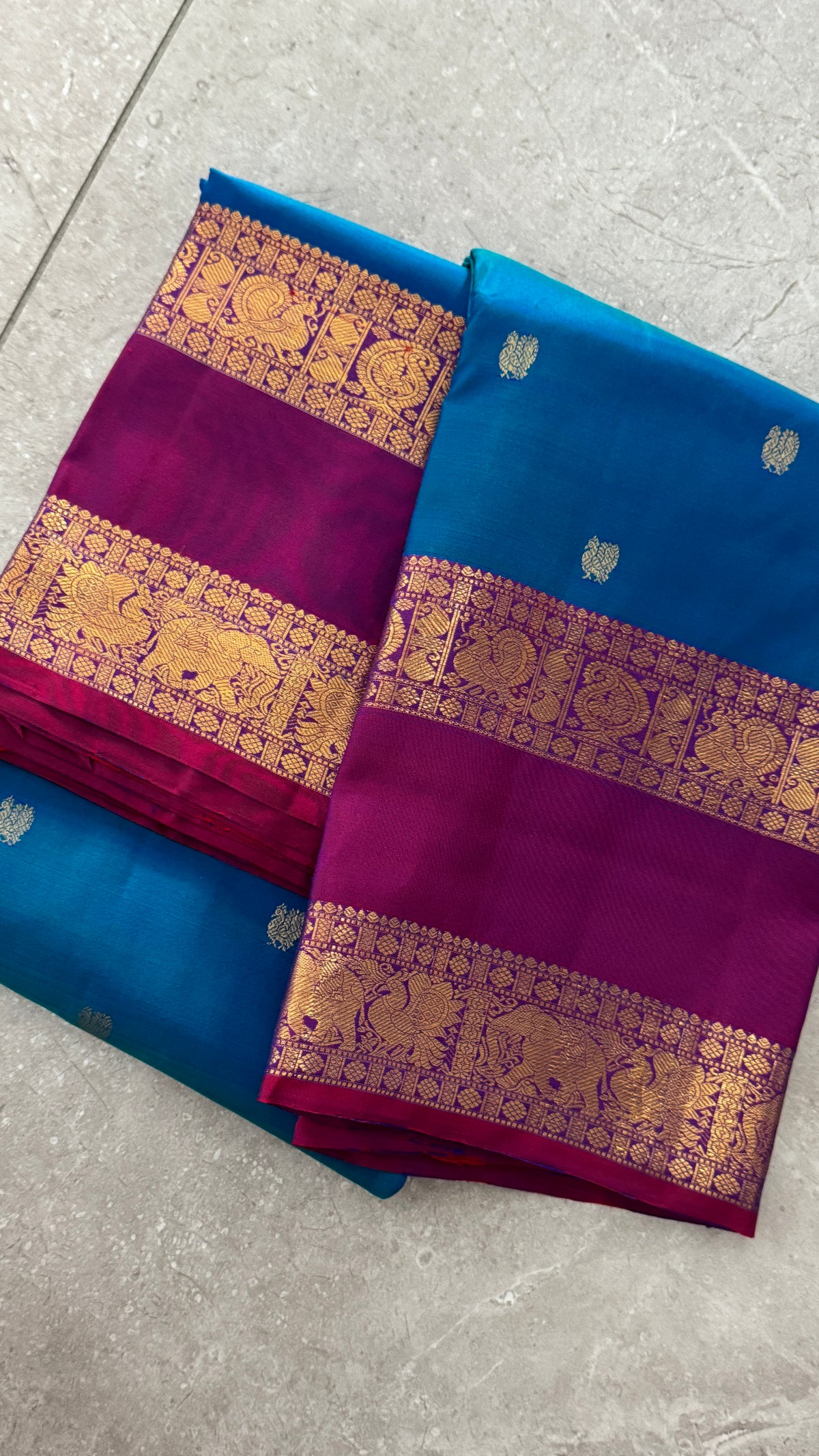Vintage Wash Pure Kanchipuram Silk Saree – Peacock Blue with Magenta Pink Contrast | Silk Mark Certified