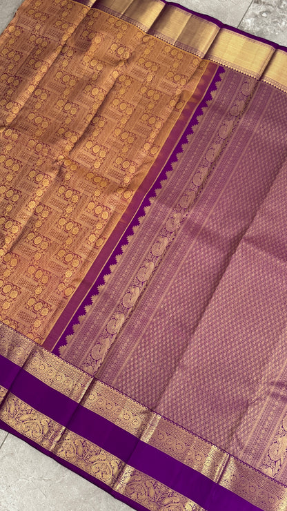 Vintage Wash Pure Kanchipuram Silk Saree – Gold with Royal Purple Contrast | Silk Mark Certified