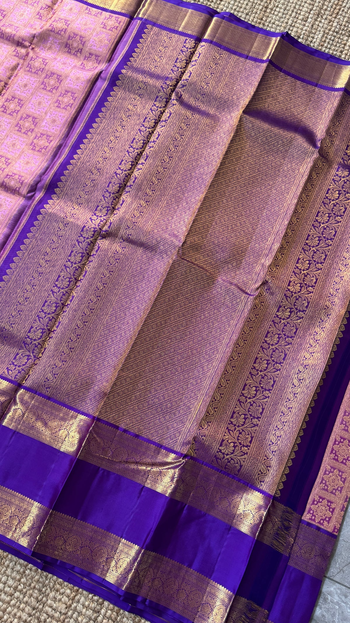 Vintage Wash Pure Kanchipuram Silk Saree – Pink with Royal Purple Contrast | Silk Mark Certified