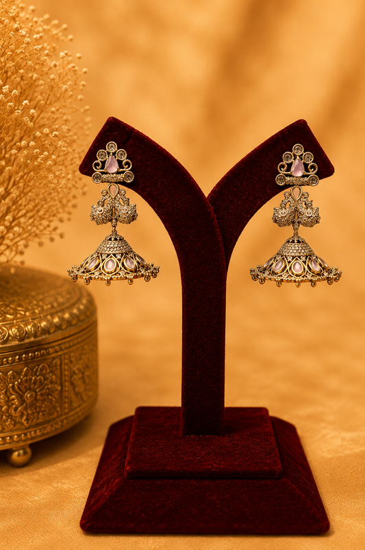 Antique Zircon Jhumka Earrings with Blush Pink Stones