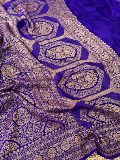 Royal Purple Pure Khaddi Georgette Banarasi Silk Saree with All-Over Gold Zari Jaal |Silk Mark Certified