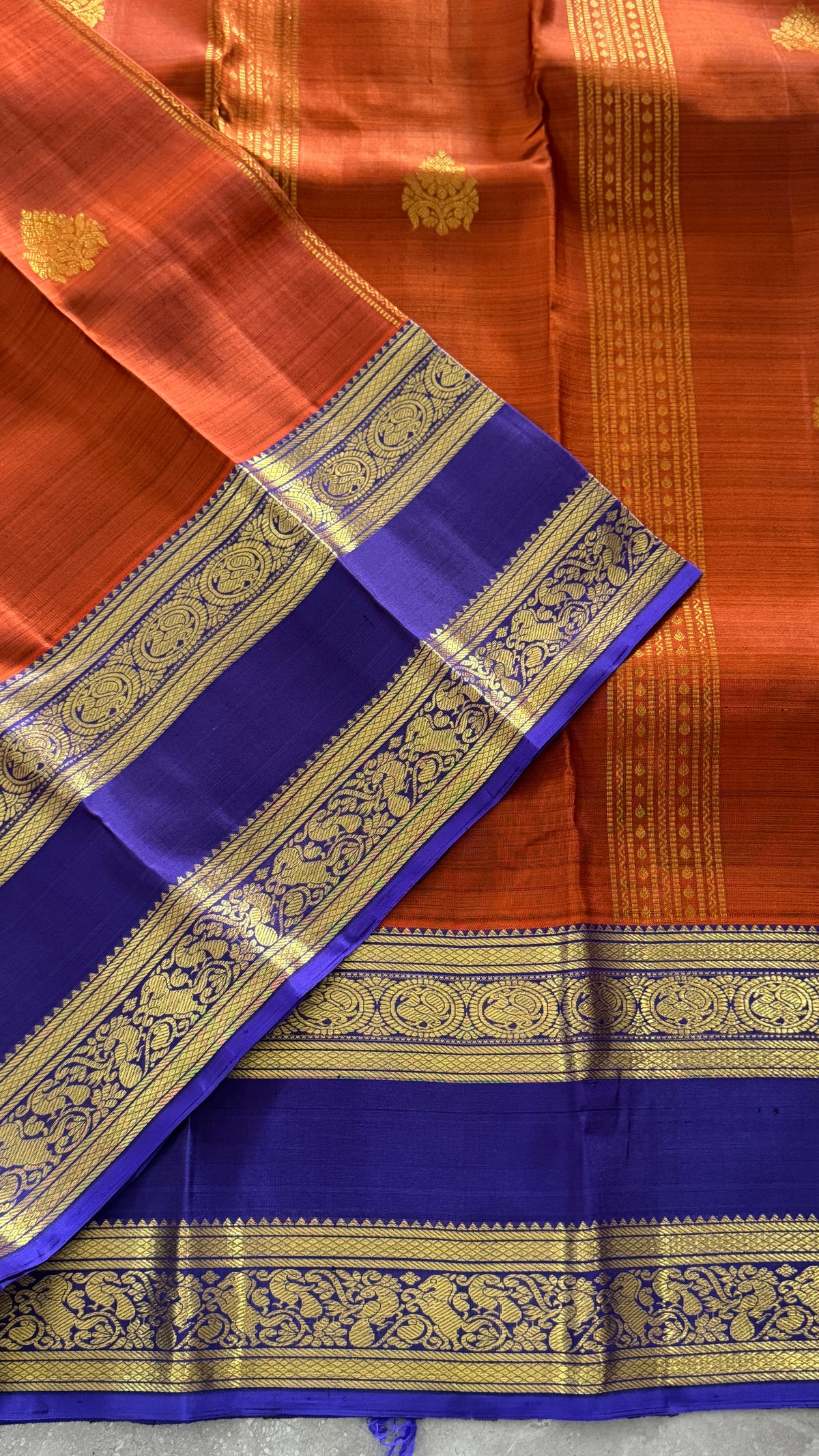Vintage Wash Pure Kanchipuram Silk Saree – Rust with Royal Blue Contrast | Silk Mark Certified