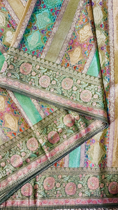 Pure Mellow Tissue Banarasi Silk Saree with Floral Patterns-Gold