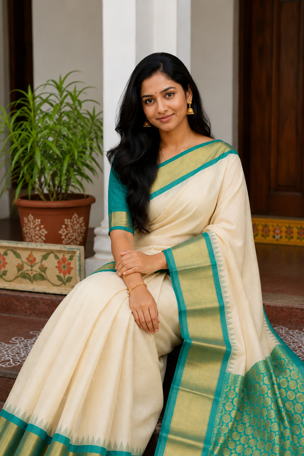 Pure Kuppadam Korvai Pattu Saree-Ivory and Turquoise Green