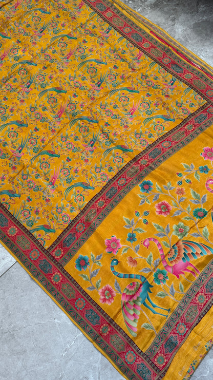 Kashmiri Pashmina Kani Silk Saree – Yellow with Red Brocade Contrast Blouse