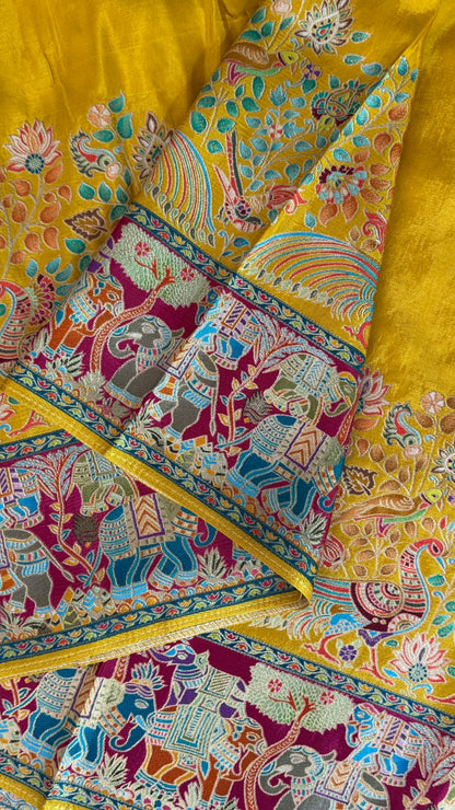 Kashmiri Pashmina Kani Silk Saree – Yellow with Pink Brocade Contrast Blouse