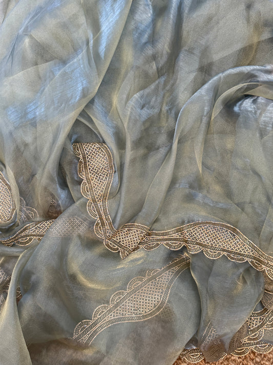 Party Wear Glass Tissue Saree with Embroidered Stone Border & Designer Blouse – Sea Green
