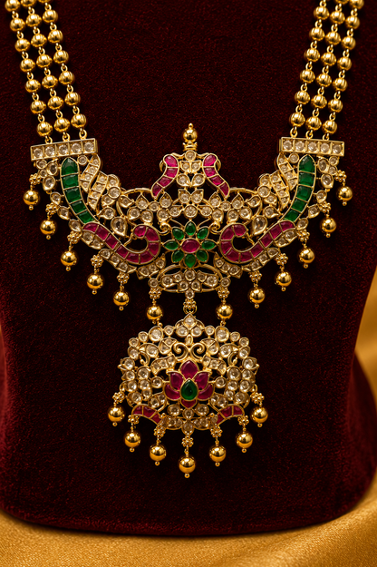 Long Antique Gold-Plated Haaram Set with Traditional Pendant & Jhumkas