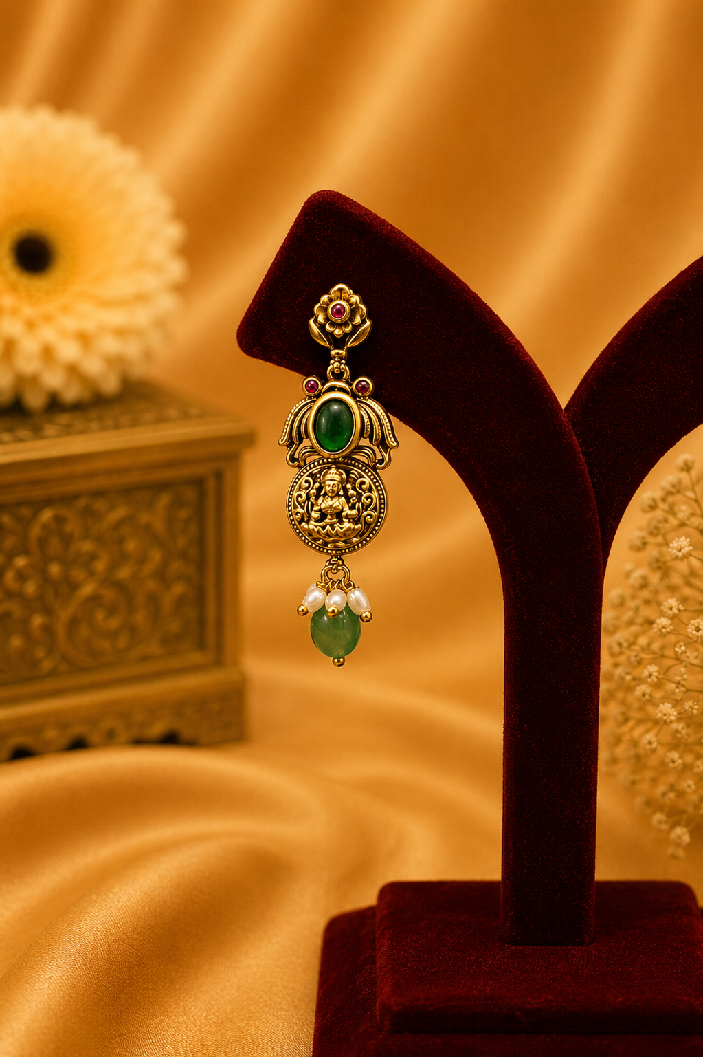 Antique Gold-Plated Coin Necklace Set with Emerald Detailing