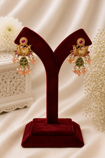 Antique Gold-Plated Temple Long Necklace Set with Blush Pink Stone Drops
