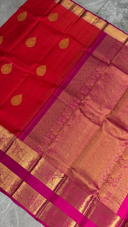 Vintage Wash Pure Kanchipuram Silk Saree – Orange with Magenta Pink | Silk Mark Certified