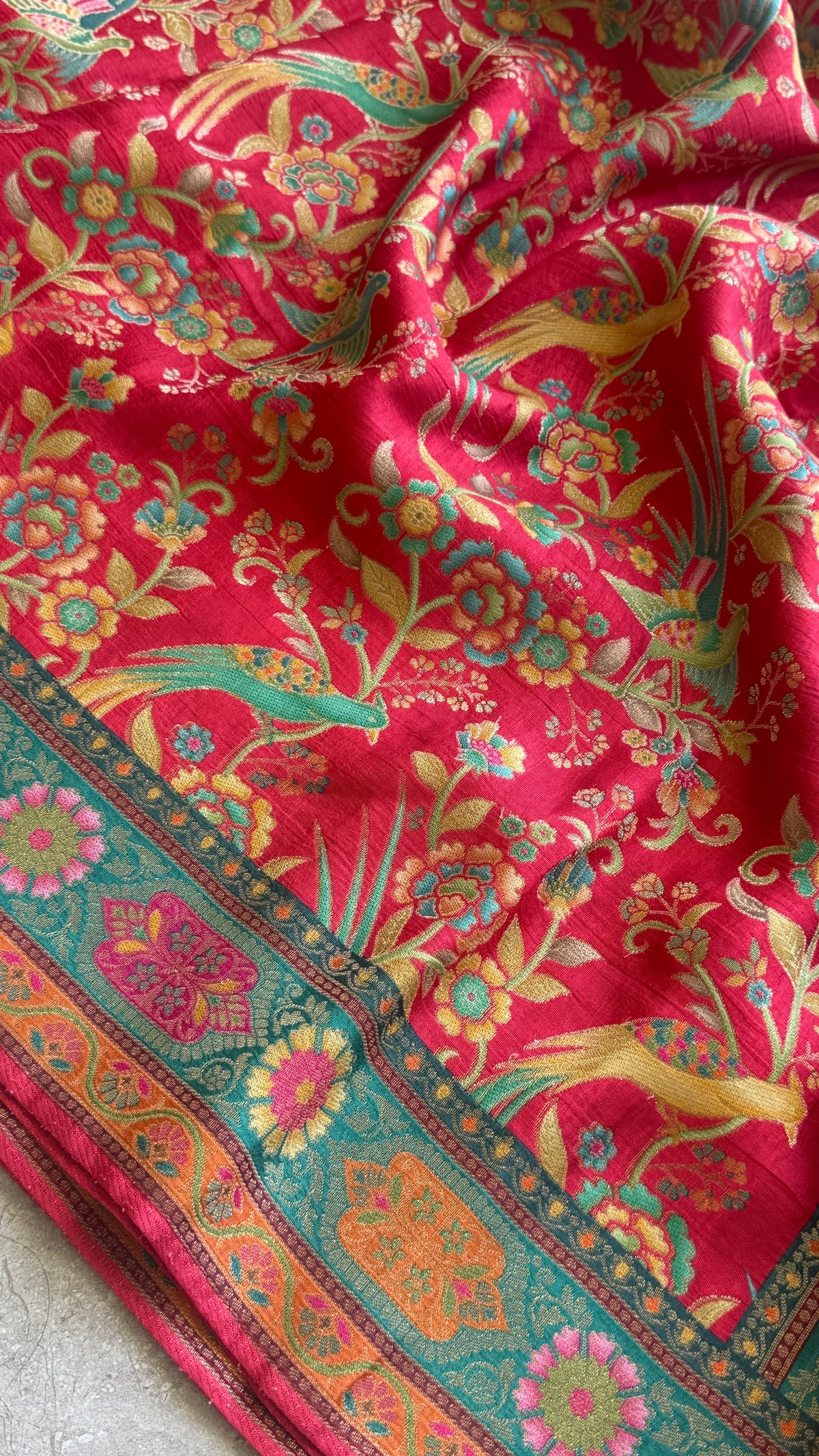 Kashmiri Pashmina Kani Silk Saree – Red with Teal Contrast Blouse