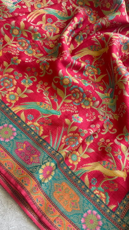 Kashmiri Pashmina Kani Silk Saree – Red with Teal Contrast Blouse