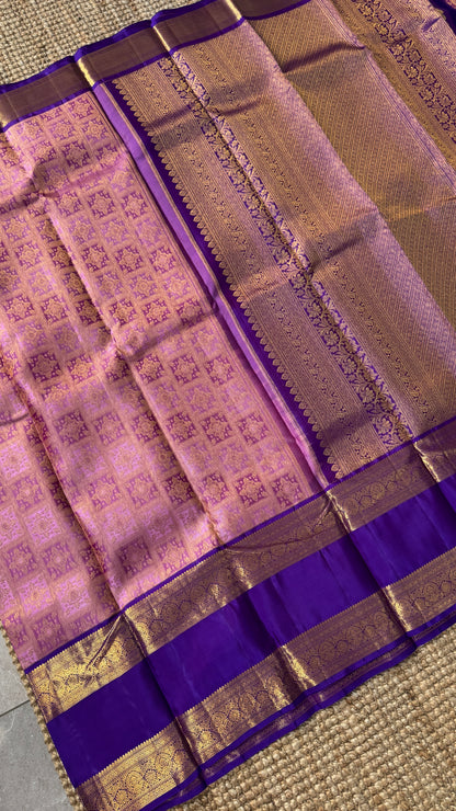 Vintage Wash Pure Kanchipuram Silk Saree – Pink with Royal Purple Contrast | Silk Mark Certified
