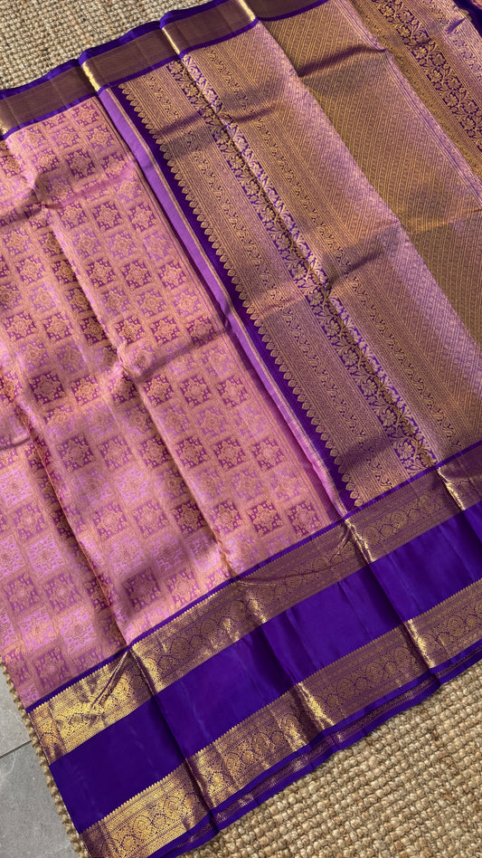 Vintage Wash Pure Kanchipuram Silk Saree – Pink with Royal Purple Contrast | Silk Mark Certified