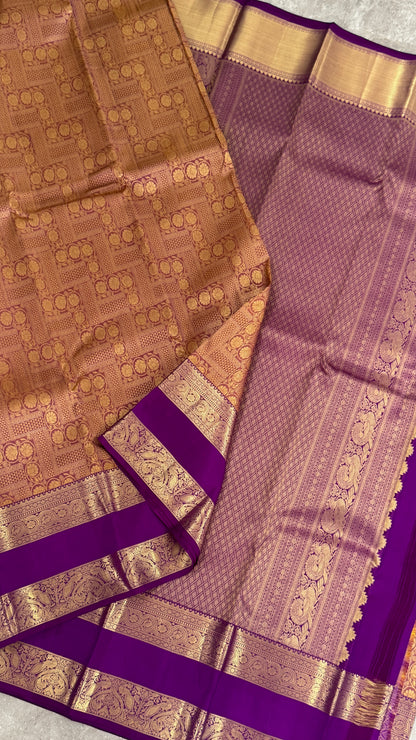 Vintage Wash Pure Kanchipuram Silk Saree – Gold with Royal Purple Contrast | Silk Mark Certified