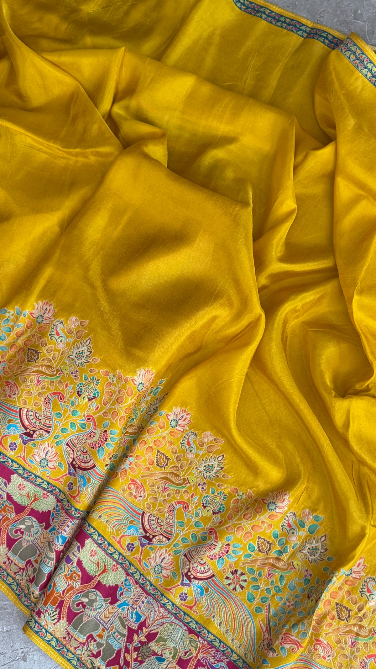 Kashmiri Pashmina Kani Silk Saree – Yellow with Pink Brocade Contrast Blouse