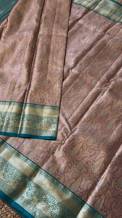 Semi Silk Mini Kanchivaram Tissue Saree – Dusty Mauve & Teal Green