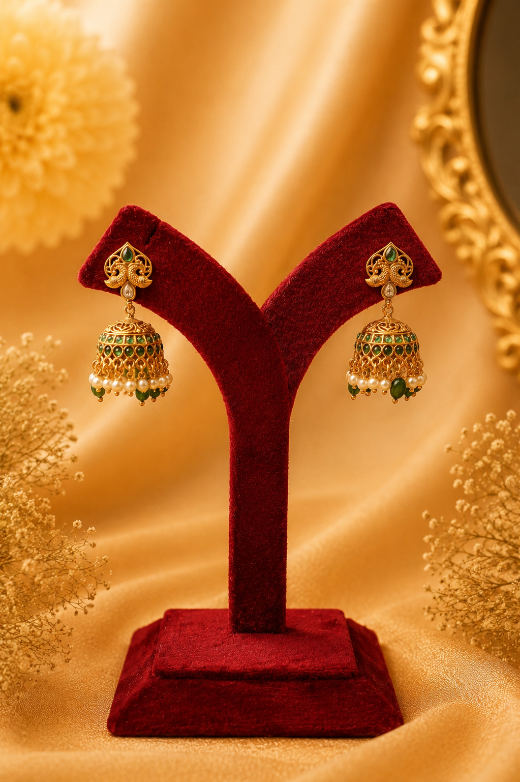 Antique Gold-Plated Temple Choker Set with Emerald Beadwork & Stone Drops