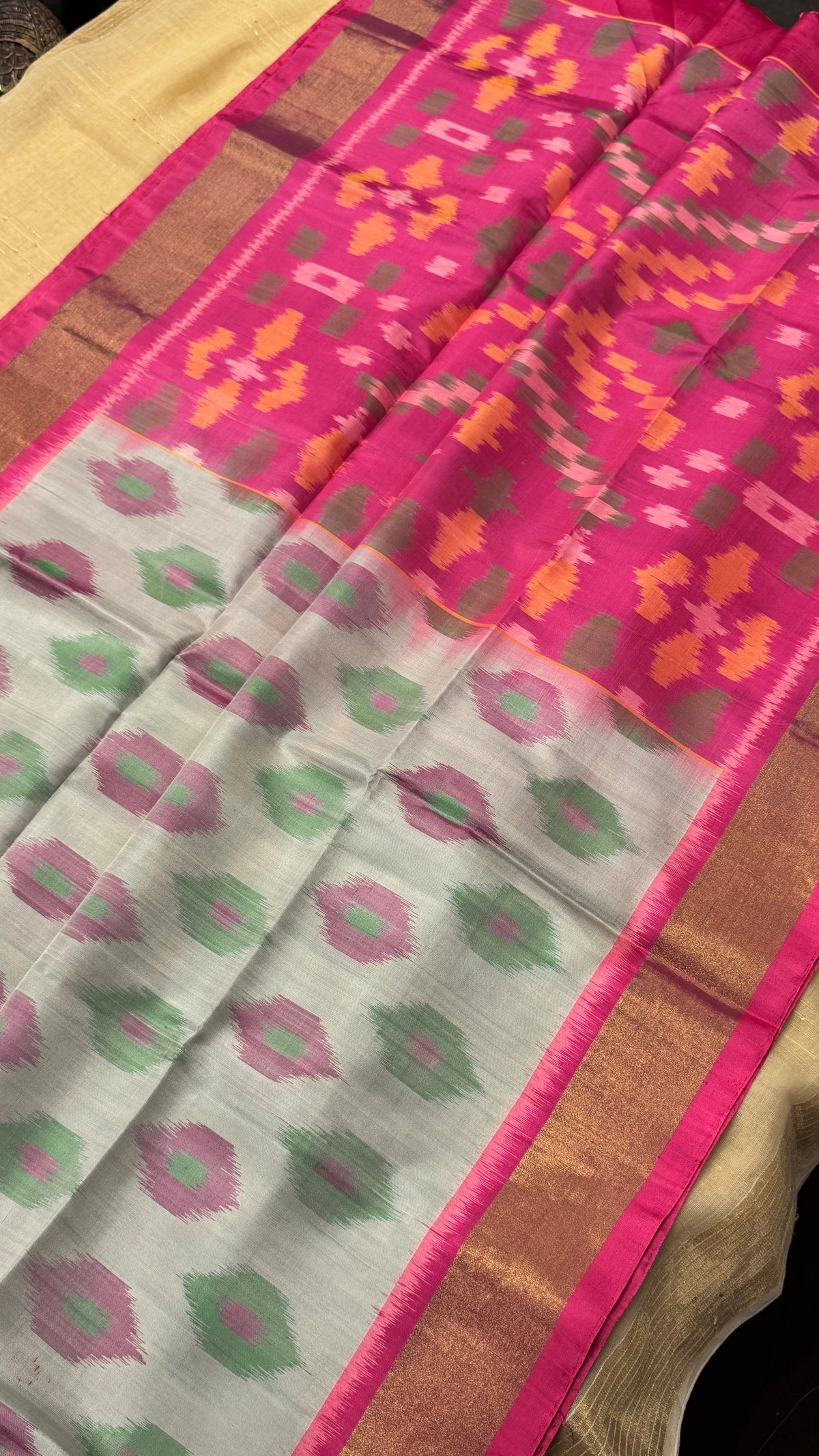 Pure Ikkat Soft Silk saree - Halfwhite & Pink|Silk Mark Certified