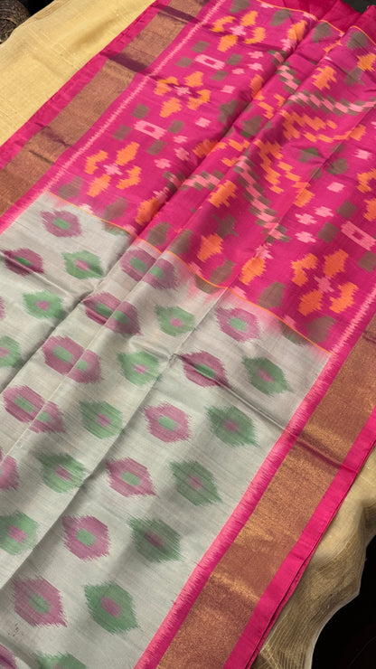 Pure Ikkat Soft Silk saree - Halfwhite & Pink|Silk Mark Certified