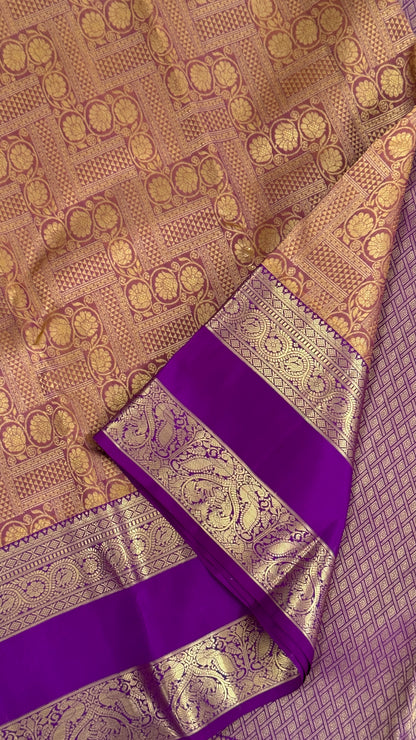 Vintage Wash Pure Kanchipuram Silk Saree – Gold with Royal Purple Contrast | Silk Mark Certified