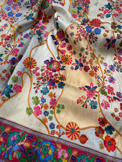 Kashmiri Pashmina Kani Silk Saree – Off White and Pink
