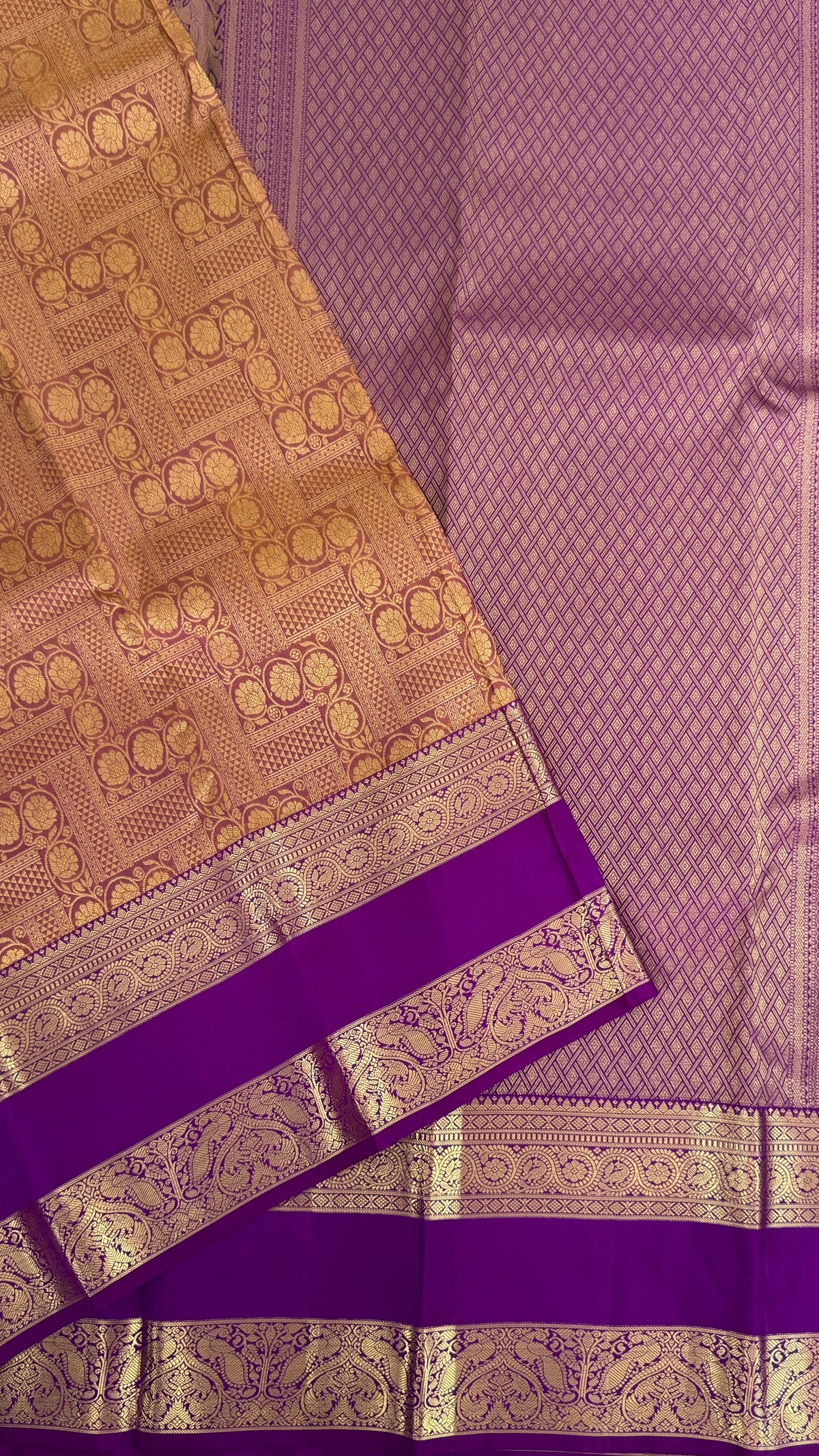 Vintage Wash Pure Kanchipuram Silk Saree – Gold with Royal Purple Contrast | Silk Mark Certified